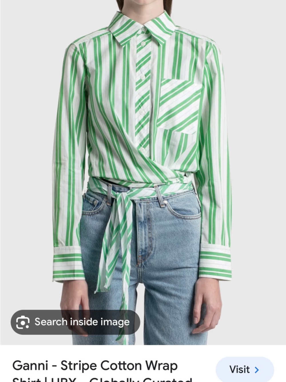 Ganni Striped Green and White Cotton Button-Up Shirt with Wrap Waist Size 8
